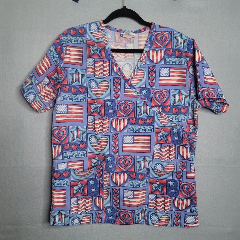 Jasco Uniform Women’s Small Scrub Top Flag Patriotic Patterned Short Sleeve Pock
